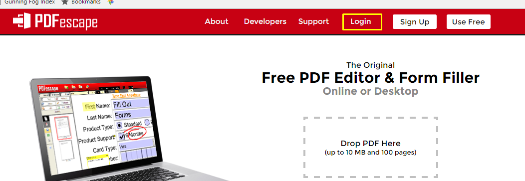 Click LOGIN to start creating a PDFescape account