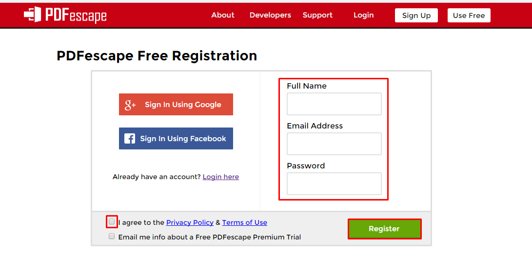 Enter name and email address when creating a PDFescape account