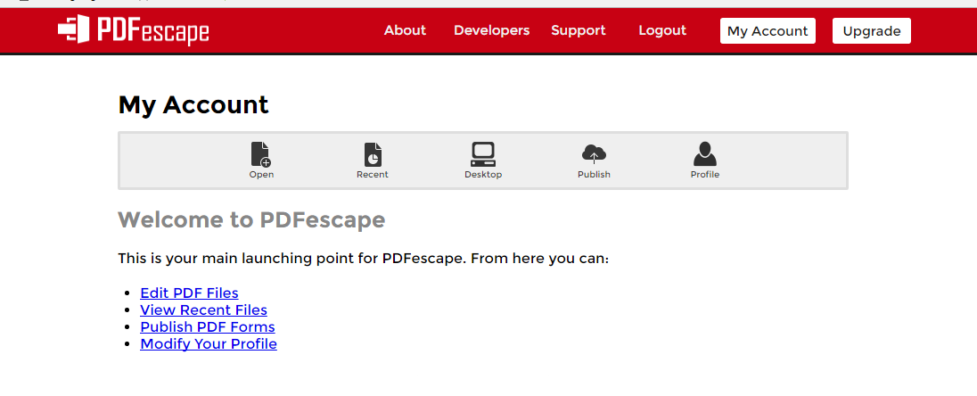 PDFescape account home after it is created