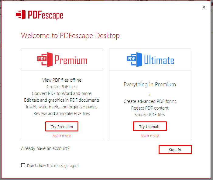 Choose Trial or Sign In to start using PDFescape Desktop
