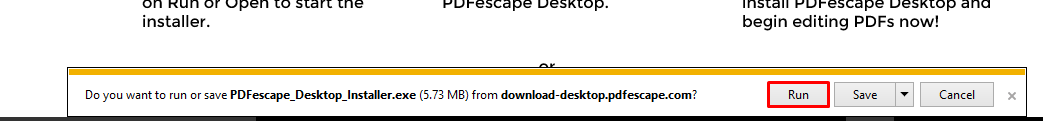 Choose to run PDFescape Desktop installer for Internet Explorer