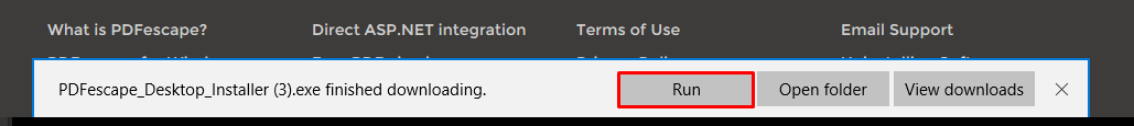 Choose run for PDFescape Desktop installer in Microsoft Edge