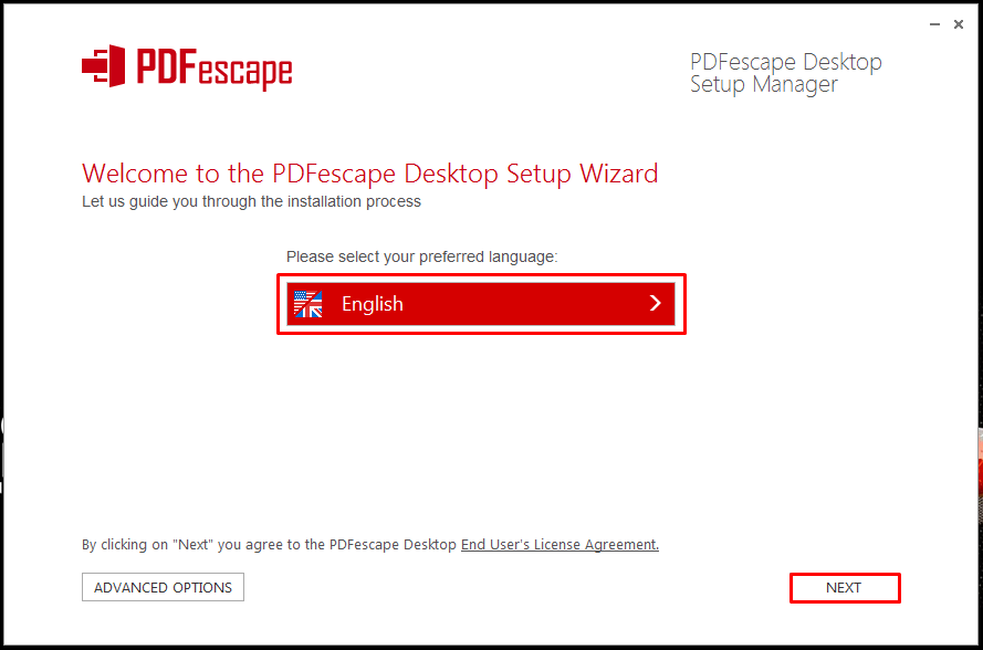 Choose language for PDFescape Desktop