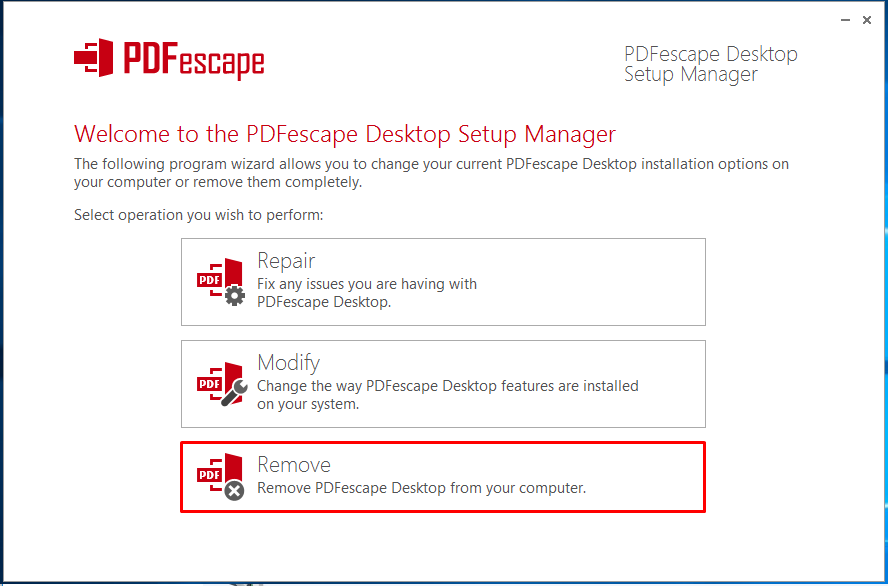 Choose Remove to uninstall PDFescape Desktop
