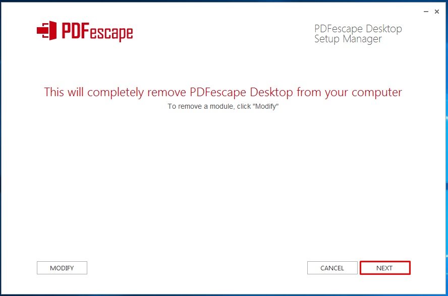 Choose Next to confirm uninstall of PDFescape Desktop