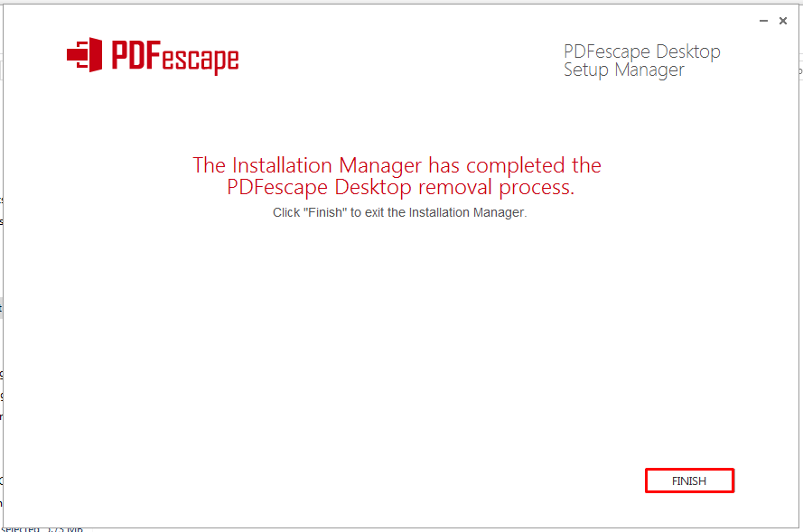 Click finsh to uninstall PDFescape Desktop