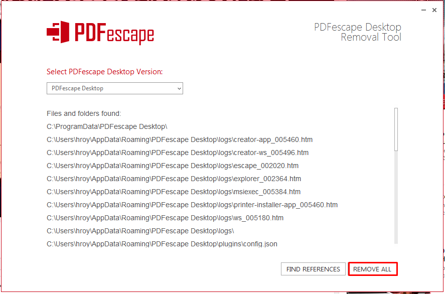 제거 도구를 사용하여 PDFESCAPE 데스크톱을 제거하려면 모두 제거를 클릭하십시오