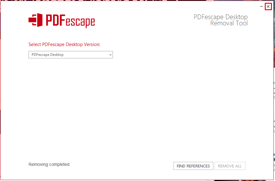 Klik X untuk menutup alat penghapusan setelah uninstall desktop pdfescape